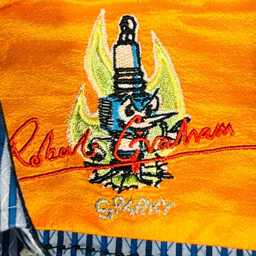 Robert Graham Sparky Blue White Striped Button Down Shirt Mens Medium Car Print